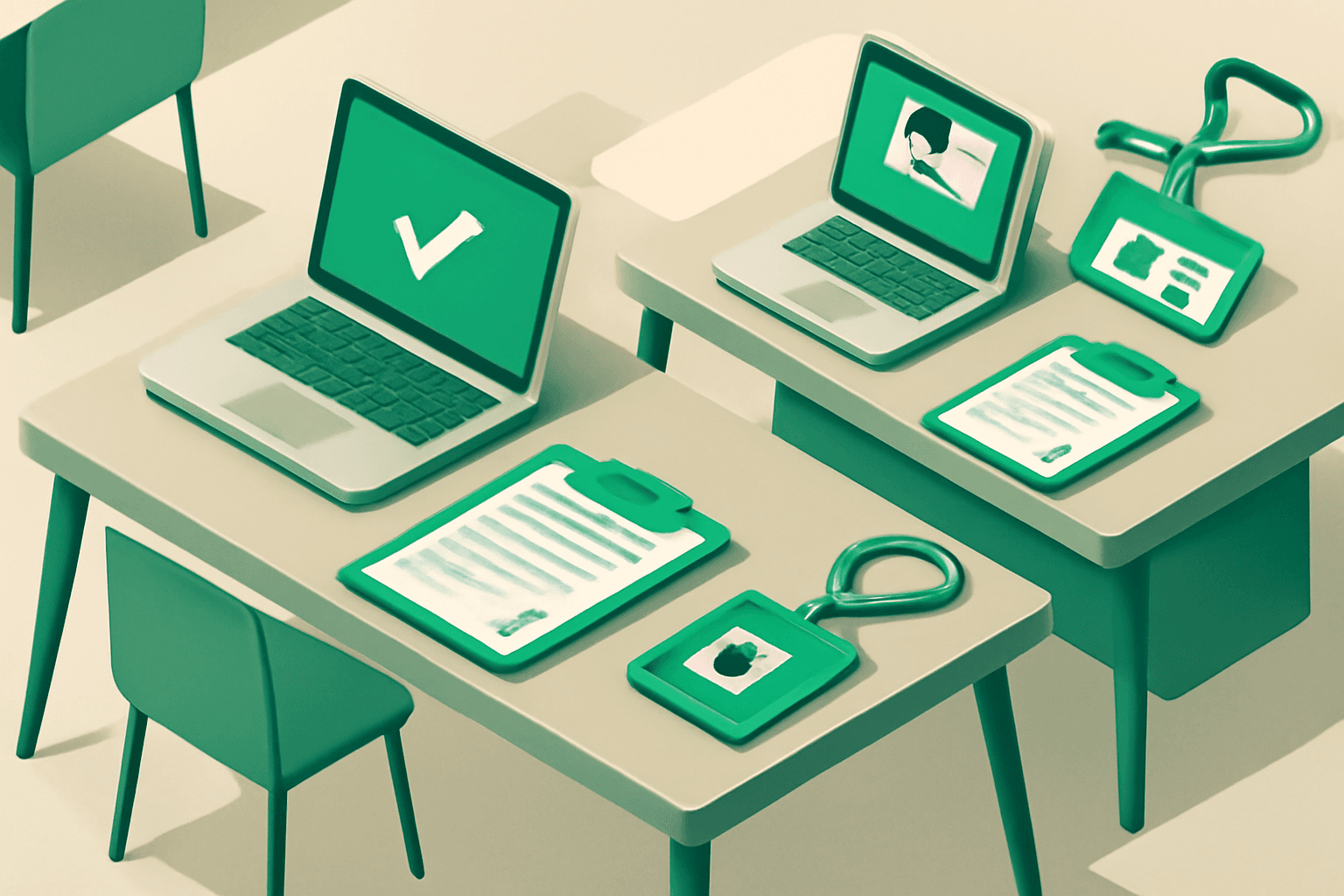 Illustration of a modern workspace with contractors working remotely.